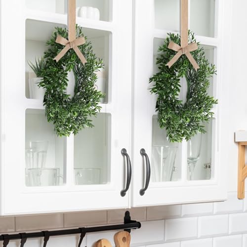 Image of 6 Pcs Artificial Boxwood Candle Rings Wreaths Mini Green Kitchen Cabinet Wreath Table Centerpieces Spring Summer Rings Wreaths for Pillars Farmhouse Wedding Party Decor