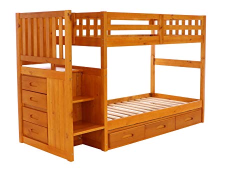 Discovery World Furniture Mission Twin Over Twin Staircase Bunk Bed With 3 Drawer Storage, Honey #TOP2