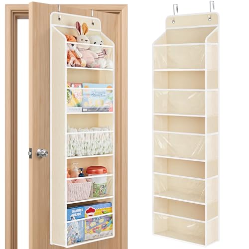 Image of JARLINK Toy Stuffed Animal Storage, Over The Door Organizer W/Clear View Windows, 44lb Load, Baby Toy Storage Organizer for Nursery, Kid Bedroom, Newborn Baby Essentials (Beige)
