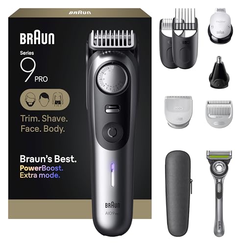 Braun Kit de afeitado todo en uno para hombre, serie 9 AIO 9550, barba, cara, nariz, recortadora de orejas, cortadora de pelo, peluquería corporal y paisajismo