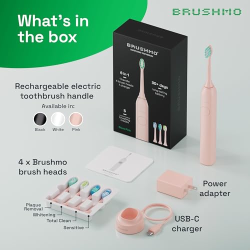 Brushmo Super Sonic Electric Toothbrush with 4 Replacement Heads - Rechargeable Electronic Tooth Brush for Adults with 5 Customizable Modes - IPX7 Waterproof & Long-Lasting Battery – Nova Pink - Image 4