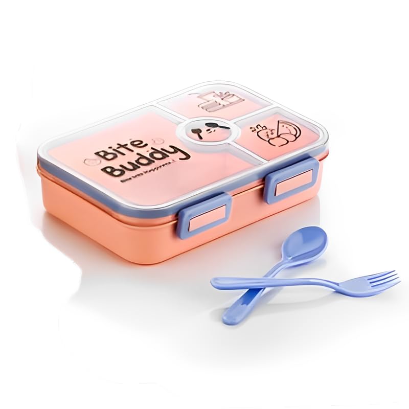 Puno Bite Buddy Kids Lunch Box – Leakproof Bento Tiffin Box with 3 Compartments & Spoon-Fork Set (Peach & Blue)