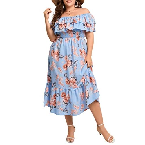 KOJOOIN Women Plus Size Off Shoulder Maxi Dress Ruffle Flowy Casual Summer Boho Long Dresses, 4X-Large, Blue Flower