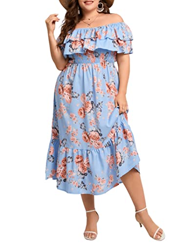 Image of KOJOOIN Women Plus Size Off Shoulder Maxi Dress Ruffle Flowy Casual Summer Boho Long Dresses
