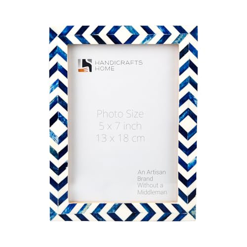 Handicrafts Home Chevron Mosaic Picture Frame – Handmade Bone Inlay 4 by 6 Photo Frame for Tabletop & Wall Decor, Home Decor, Boho Chic Coastal Farmhouse Frame, Colorful Desk & Shelf Decor- Blue White