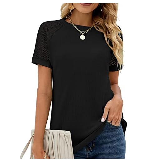 Camiseta de Manga Curta Com Renda e Malha Waffle, Lavagem à Máquina Com Gola Redonda e Manga Curta para Lavar na Máquina (GG)