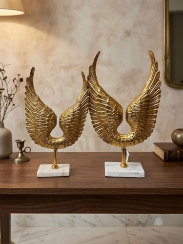 Image of Golden Angel Wings Sculpture on Marble Base, Set of 2 Set