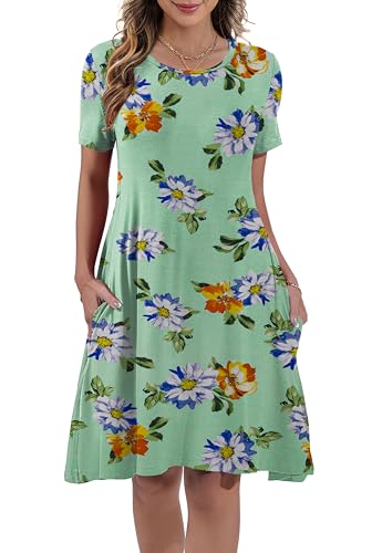 Image of REGAI Summer Plus Size Dresses for Women Short Sleeve Tshirt Dress Casual Sundresses with Pockets, Floral Green 202506, 3XL