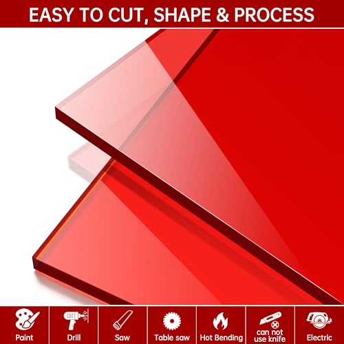 Image of Red Acrylic Sheet 12 inch x 16 inch, 2 Pack 1 /8 inch Thick Translucent Cast Plexiglass Sheets for Laser Cutting & Engraving, Red Acrylic Panel for DIY Crafts, Signage, CNC, Cricut & Glowforge