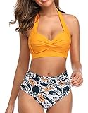 Marca: Tuopuda. Bikini vintage retro con top halter y bajos de cintura alta fruncidos.