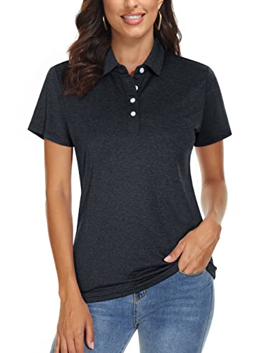 Tacvasen Women's Polo Shirts Short Sleeve Shirt Quick Dry Golf Shirt 4-Button Lightweight Tops Sports Tennis, Black, L #TOP3