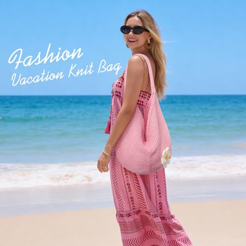 Image of Premillow Crochet Beach Bags for Women, Summer Beach Tote Bag, Mesh Cute Beach Purse, Aesthetic Knit Bag Handbag Shoulder Bag
