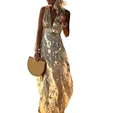 WUFANGBU Robe Femme Fille Robe Sexy Femmes �l�gant Vacances Robe Longue Profond Col V sans Manches Taille Serr� Fluide Ourlet Soir�e Robe De Soir�e M LightYellow