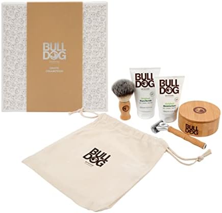 BULLDOG Skincare - Shave Collection, Gift Set for Men (x1 Original Bamboo Razor, x1 Moisturiser 100ml, x1 Face Scrub 125ml, x1 Shave Brush & Bowl)