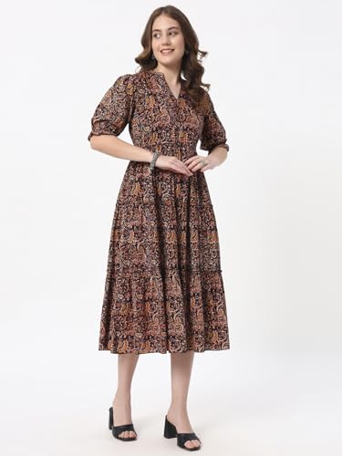 Image of PIDAVLIYA'S Women's Floral Summer Maxi Dress I Cotton Printed I One Piece Bodycon Midi Dress with V-Neck, Puffed Sleeves