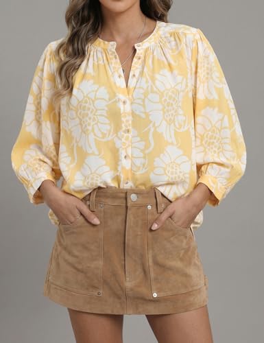 AIMCOO Womens Button Down Shirt 3/4 Sleeve Batwing Floral Blouses Dressy Casual Crew Neck Loose Boho Spring Tops Floral Yellow White Small — view 2