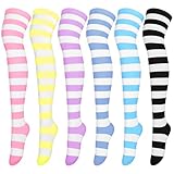 Aneco 6 Pairs Thigh High Socks Over Knee High Stockings Extra Long Leg Warmers for Women Mixed Candy Color Stripes, One Size