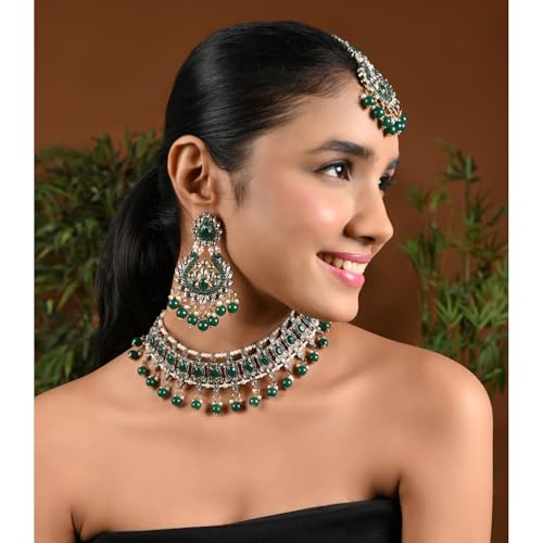 Image of I Jewels Gold Plated Traditional Kundan Pearl Drop Choker Necklace Jewellery With Earrings & Maang Tikka Set For Women /Girls
