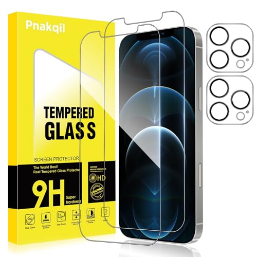 Pnakqil Protector Pantalla para iPhone 12 Pro con Protector Lente de Camara,Cristal Templado Vidrio Pelicula 9H Dureza Ultra HD Ultra Resistente Anti-Arañazos Instalación Fácil Screen,2+2 Piezas