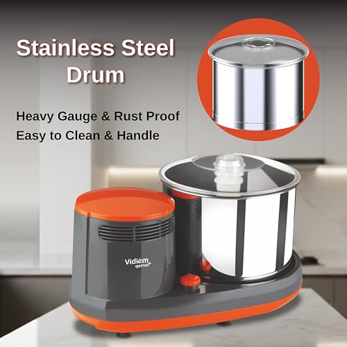 Image of Vidiem Garnet Plus Table Top Wet Grinder 2l with Coconut Scraper | Heavy Duty Stainless Steel Drum & Stone Rollers | 5-Year Motor Warranty | Anti-Slip Belt & Transparent Lid