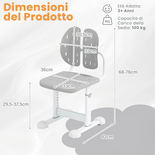 RELAX4LIFE Silla Escritorio Infantil con Altura Ajustable en 5 Posiciones, Respaldo Doble, Asiento Transpirable y Marco Metálico, Silla Infantil Ergonómica sin Apoyabrazos para Niños 3+ Años (Gris) - imagen 3
