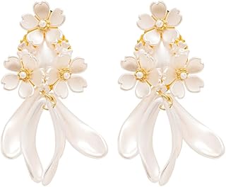 White Magnolia Blossom Flower Cluster Tassel Stud Earrings for Women Sta...