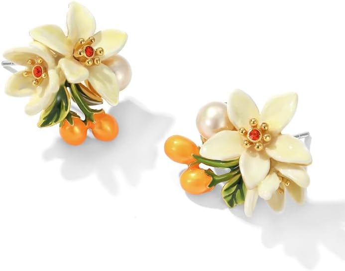Orange Blossom Flower Kumquat Pearl Enamel Stud Earrings Handmade Jewelry Gift Juicy Grape Mothers' Day