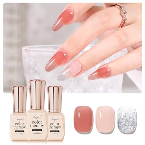 Jelly Nude Gel Nail Polish Set, 3 Colors 15ml Maple Leaves Silvery White Glitter, Sheer Soak Off UV Gel Polish Kit, Crystal Flash