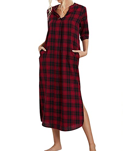 Mintlimit Women Long Nightgowns Soft Lounge House Dress Half Sleeve Sleep Shirt Plus Size House Pockets (Black Red Plaids,Size Xl) #TOP20