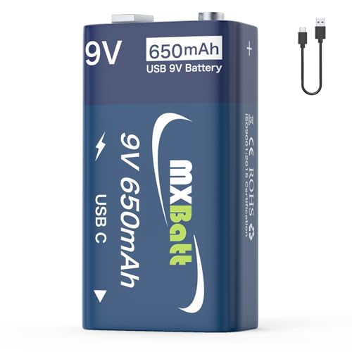 MXBatt Pila 9V Recargable Litio Gran Capacidad de 650mah,USB C Pila 9V 800 Ciclos para Detectores de Humo, Linternas, Guitarras, Juguetes Electrónicos, Walkie Talkies, con Type C Cable