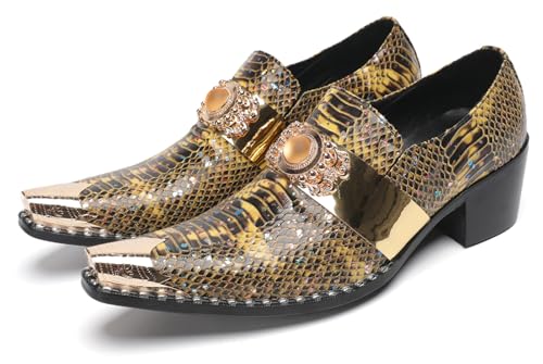 Men's Slip On Gold Dress Shoes Snakeskin Leather Loafers – Metal Pointed Toe, Chunky Heel, Comfortable Fashion Casual Shoes for Party,Ballroom,Bar Wear