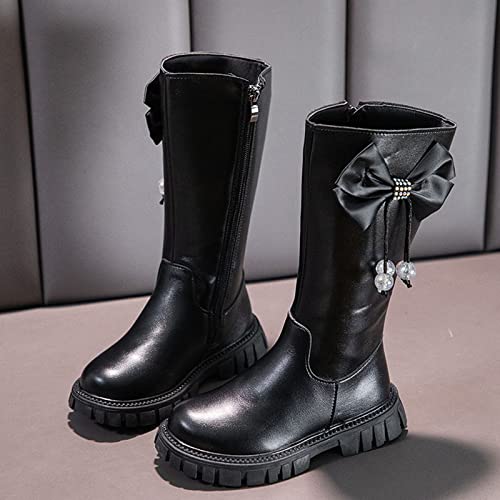 Girls Black High Boots Kids Side Zipper Chunky Bottom Low Heels Thermal Warmth Boots with Bowknot for Fall Winter2