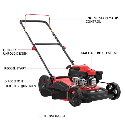 PowerSmart 21 in. Gas Lawn Mower with 144cc OHV Engine, 2-in-1 Push Mower with Mulching & Side-Discharge