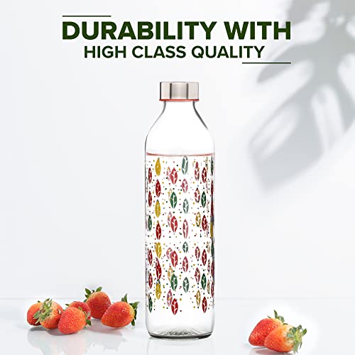 Image of SAND DUNE Set of 6, 800 ml Each Coloured Leaves Printed Glass water bottle, with Leak-Proof Airtight Stainless-Steel Lid for Water, Smoothie, Juices - Reusable Travel Glass Drinking Fridge Bottles
