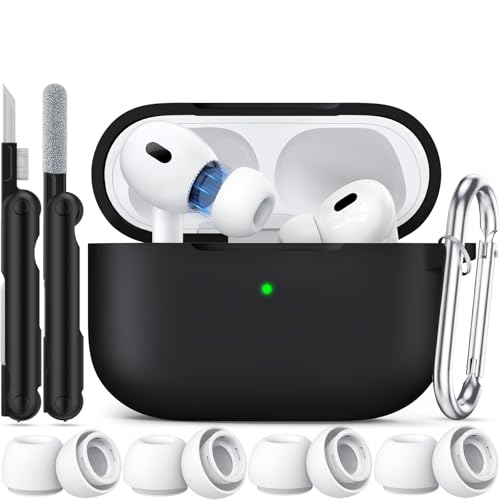 Joremx Kompatibel mit AirPods Pro 2 hülle (2022) Silikon Case für AirPods Pro 2 (2019) (USB-C/Lightning-Anschluss 2023) Mit Ohrstöpseln(Größe 4. XS/S/M/L) und Reinigungssetschwarz