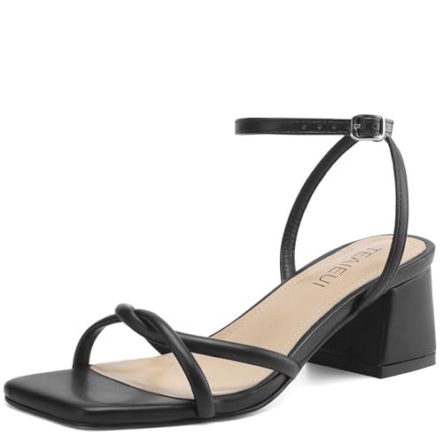 Image of TEAIEUI Chunky Heels for Women, Square Open Toe Heeled Sandals, Strappy Ankle Strap Shoes for Dress, Party, Prom, Block Low Heel 2 inch