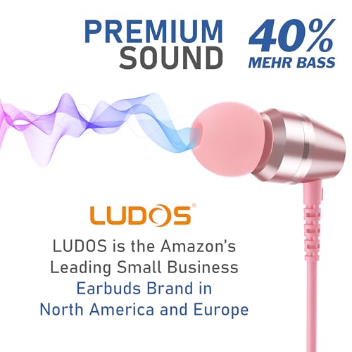 Image of LUDOS OMNITONE Wired Earbuds in-Ear Headphones, 5 Year Warranty, Earphones with Microphone, 3.5 mm Jack Corded Ear Buds, Videoconference for iPhone, Samsung, Laptop, Kids, School Students - Pink