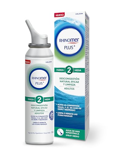 Rhinomer Plus, Fuerza 2, Spray Nasal de Agua de Mar Hipertónica, Descongestión Natural Eficaz y Limpieza, Fuerza Media, Para Adultos y Niños +6 Años, 125 ml