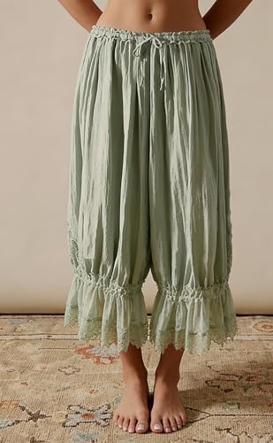 Image of NUFIWI Women Ruffle Long Bloomer Y2k Lace Trim Pettipants Pantaloons Mid Rise Cropped Pajama Pants Under Dress Slips
