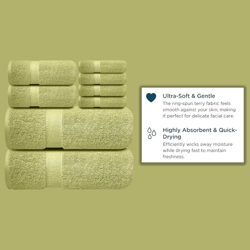 Image of Sulfar 100% Combed Cotton, 8 Pcs Towel Set - 2 Bath Towels (70 x 140 cm), 2 Hand Towels (40 x 70 cm) and 4 Face Towel (30 x 30 cm) (600 GSM, Pack of 8) Misty Green