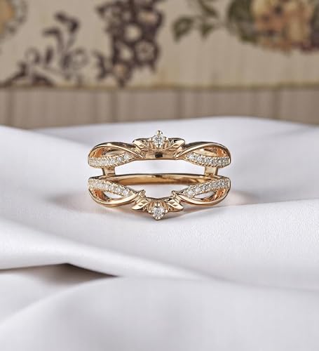 14K Gold Ring Enhancer Guard – Double Band Diamond Simulant Ring Jacket for Women – Elegant Pavé Leaf Design Wedding Ring Wrap2