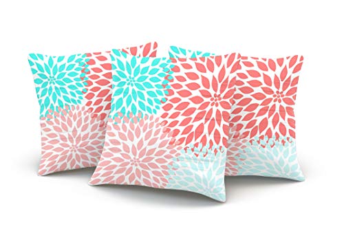 Xiuba Throw Pillow Covers Case Aqua Turquoise Pink Coral Seafoam Teal Dahlia Modern Floral Decor Decorative Pillowcase Cushion Cover 18 X 18 Inch Square Size One Side Design Printed #TOP2