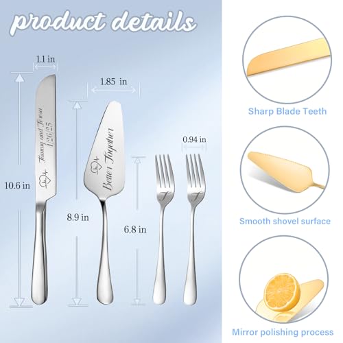 Personalized Wedding Cake Knife and Server Set, Custom Names Cake Cutting Set with Stainless Steel Forks, Customized Bridal Anniversary Birthday Wedding Registry Gifts (Silver)