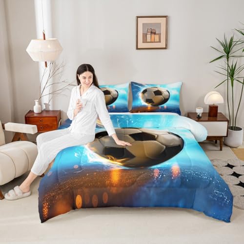 Image of Feelyou 3D Soccer Comforter Set King Size Kids Football Gaming Pattern Bedding Set for Boys Girls Sports Theme Duvet Quilt Room Decor