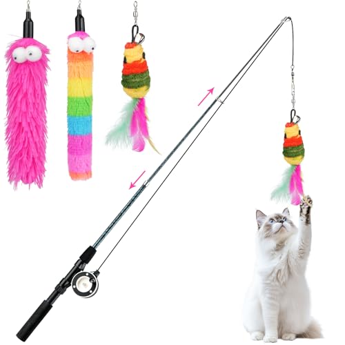 Pawaboo Katzenangel Spielzeug, Katzenangel mit 3er-Pack Feder-Ersatz, 3-teilige Ausziehbare Kätzchen-Federspielzeuge mit Rolle,Katzen-Teaser Fänger Trainingsspielzeug mit Glocke, Regenbogen + Rosenrot