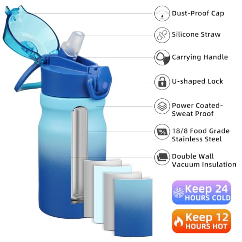 Image of BJPKPK 14 oz Insulated Water Bottle, Straw, Handle, Stainless Steel Flask | Leak Proof Locking Lid, Double Wall Vacuum, Keeps Hot /Cold, BPA Free, Dishwasher Safe, Travel & Sports, Sky
