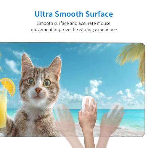 Image of Summer Cat Beach Extended Gaming Mouse Pad, with Stitched Edges Large Mouse Pad Desk Protector, Rubber Base Mousepad Keyboard Mouses Mat for Work Game Office Home- 32 inch X 12 inch Inch,E222