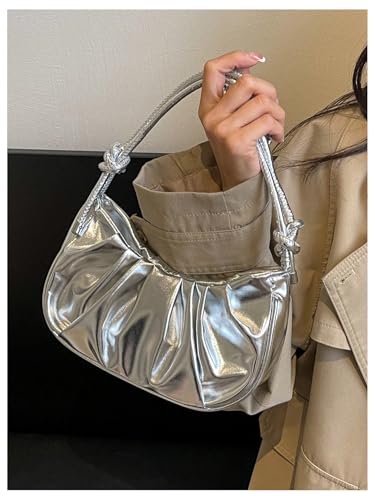 Women's Y2K Metallic Ruched Shoulder Handbags Adjustable Strap Crescent Underarm Bags Purse3