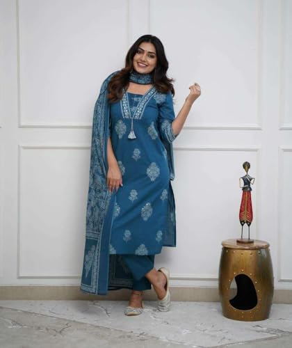 Image of DR DIGITAL Women's Cotton Printed Straight Kurti with pant and Dupatta Set