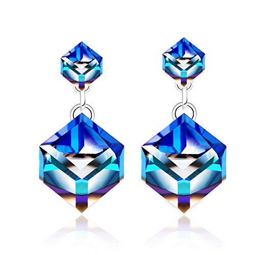 DINOKA Damen Ohrringe mit Kristallen von Swarovski Steinen Blau, 925 Silber Ohrschmuck Ohrstecker Weihnachts Valentine Schmuck Geschenk für Frauen Mädchen, Allergenfrei Nickelfrei